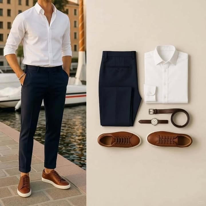 Black and white combo with brown shoes